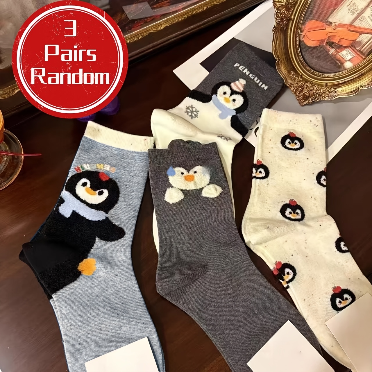 TEMU Random 3-pair Soft And Cuddly Penguin Socks For Women, Cartoon Dongdaemun Style, Mid-calf 3d Girly Socks