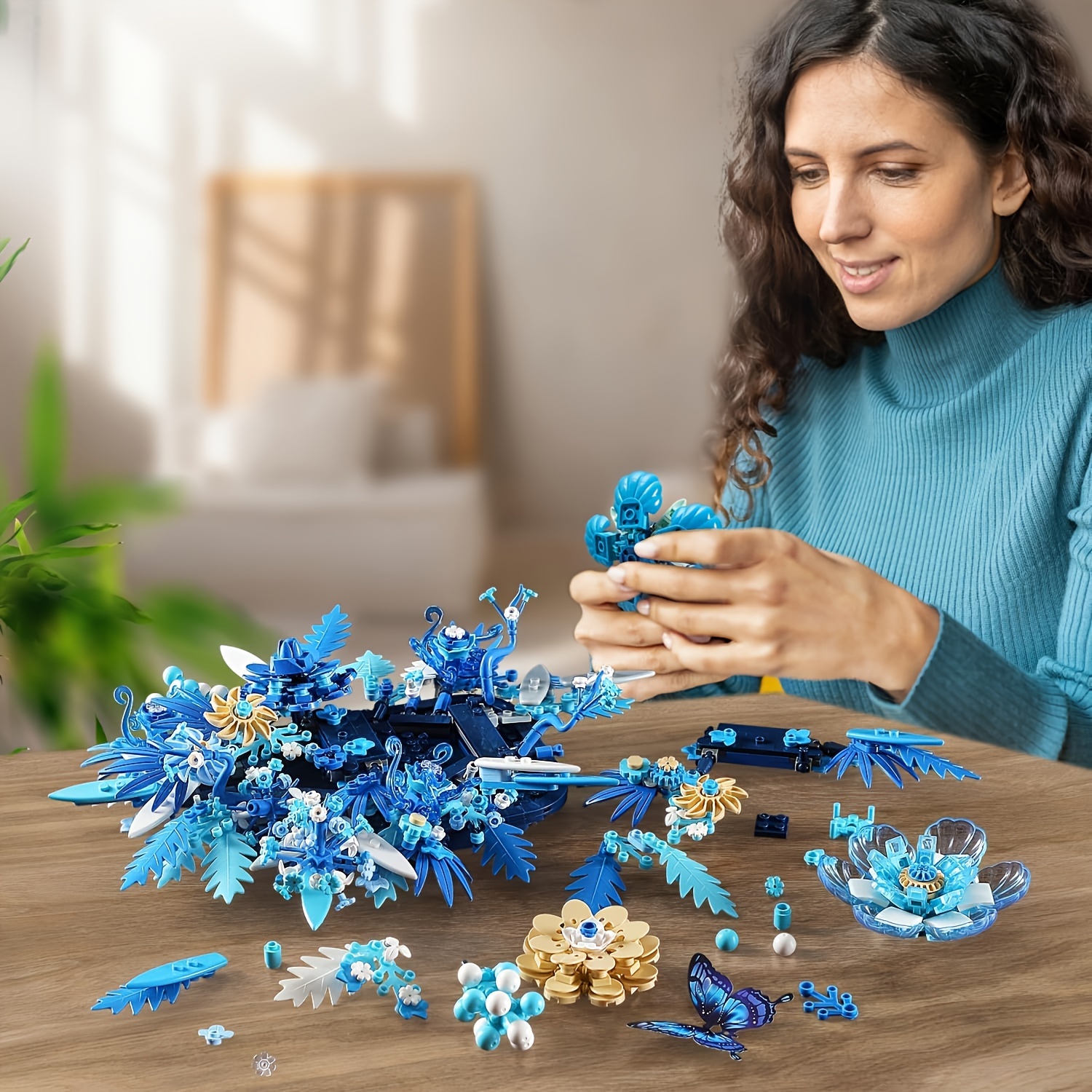 blue flowers building sets for adult centerpieces 917pcs botanical collection crafts for table or wall decoration unique home d cor gift with beautiful gift box 8