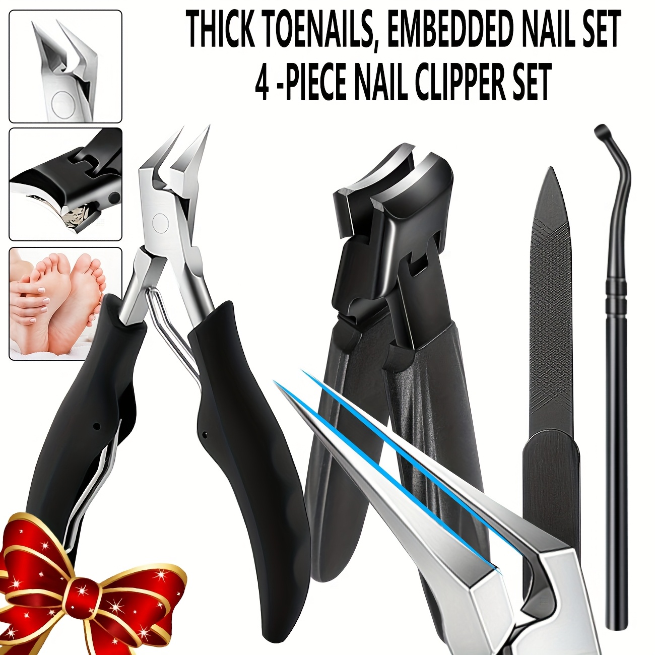 Image of 4pcs Stainless Steel Nail Care Set - A Professional Foot Care Kit That Includes A Nail File, Cuticle Nippers, And Grooming Tools, Featuring Black , Suitable For Men, Women, And Seniors.