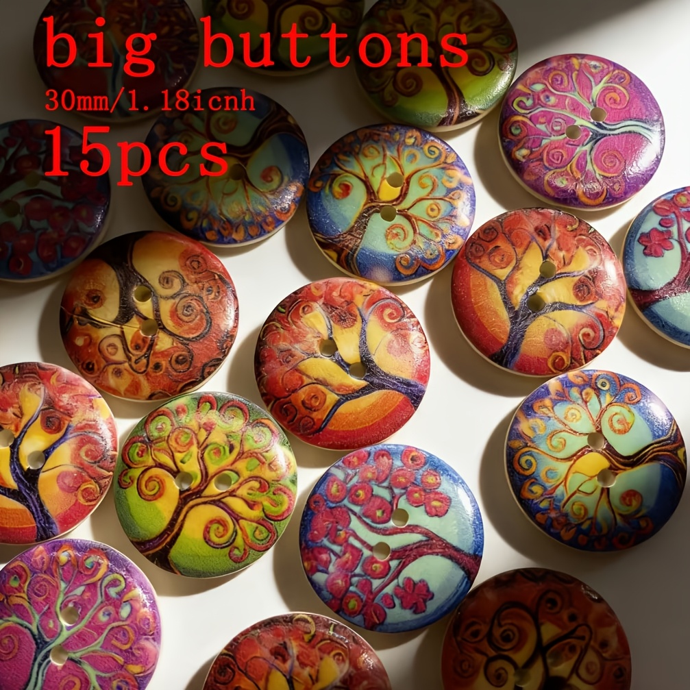 Image of 15pcs 30mm Large Wooden Buttonsbig Colorful Tree Of Life Wooden Buttons 2-hole Large Round Decorative Buttons For Sewing Crafts, Scrapbooking, Clothing Embellishments