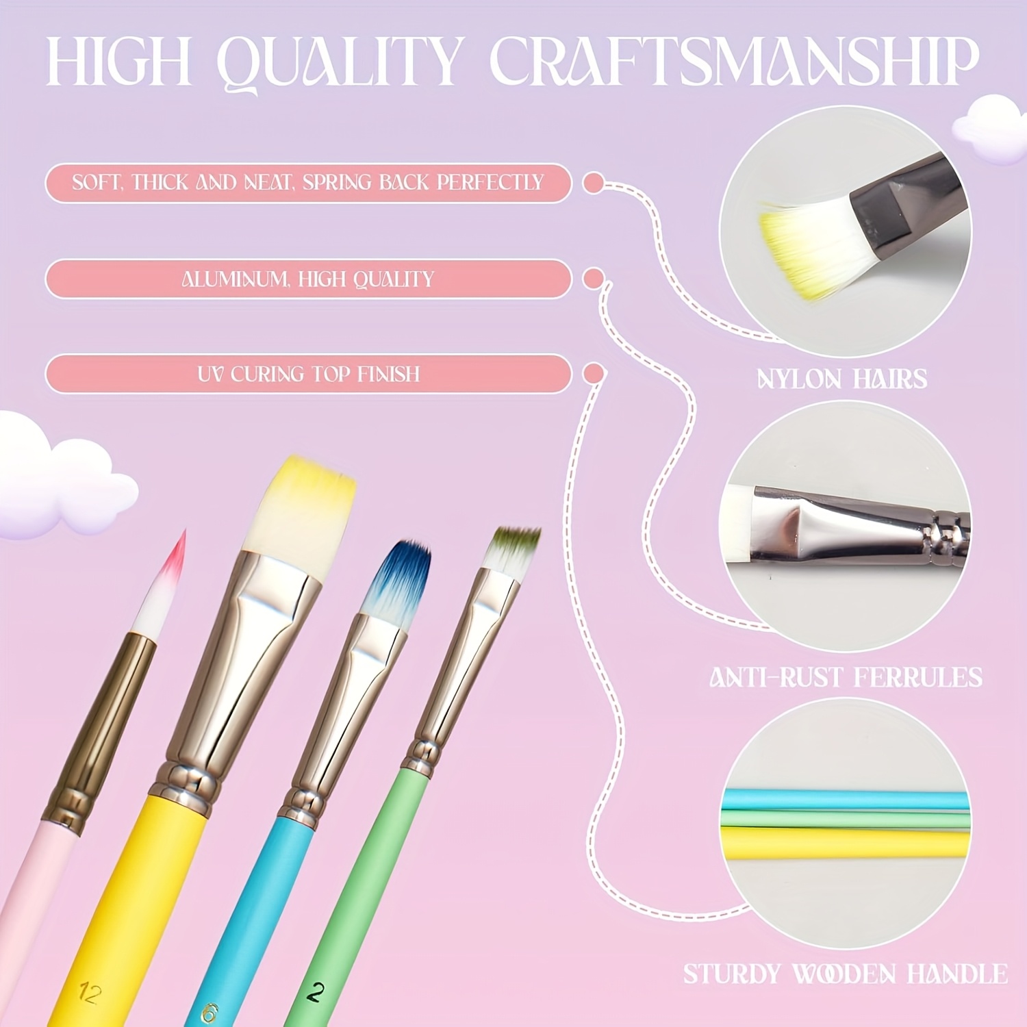 6pcs Macaroon Colour Paint Brush Set, Various Shapes & Sizes