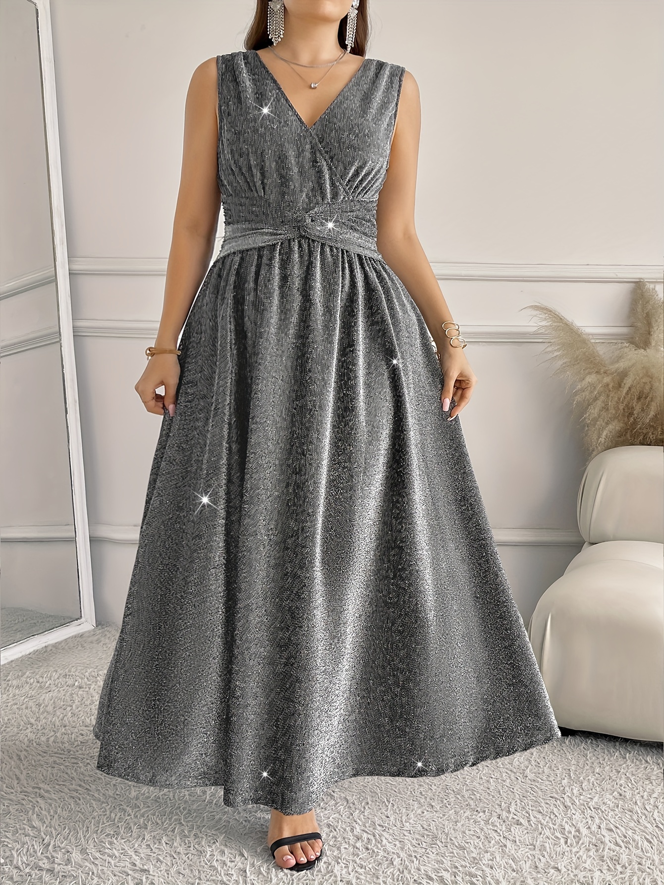plus size sparkling v neck formal dress elegant sleeveless a