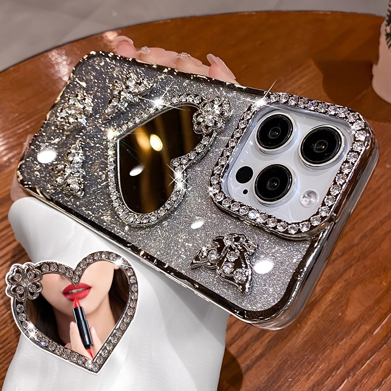 New Love Shape Glitter Mirror Phone Case for IP16 IP 16 Pro Max 15 Pro 14 PLUS 13 12 11 XS, Double Row Of Synthetic Diamonds Luxurious Glitter Feel with Lens Protection, Durable, Shockproof