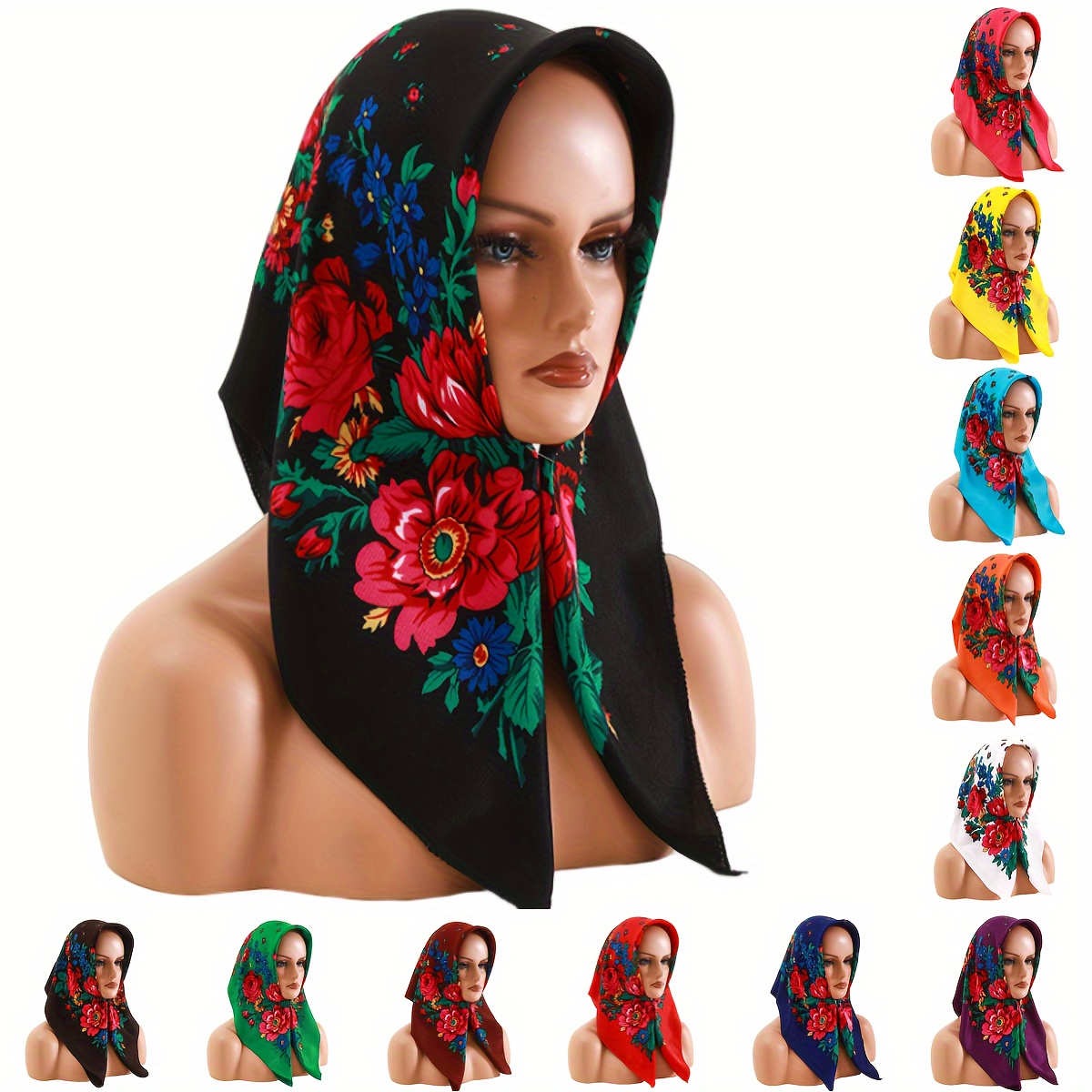 

27.5" Russian Square Scarf Flower Printed Head Wrap Stylish Windproof Sunscreen Headscarf For Women