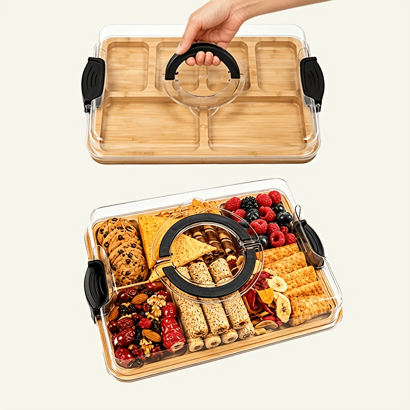TEMU 2pcs Set (1 Bamboo Tray And 1 -on Lid) With Handle, 6 Compartments , With Cutting Board For Chopping, Kitchen Picnic Party, Ingredients While