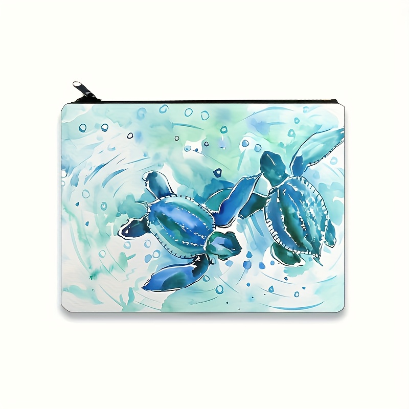 TEMU Ocean Turtle Print Travel Makeup Bag – Polyester Cosmetic Organizer With Zipper Closure, Portable Pouch For Women’s Essentials, Teal Watercolor Design