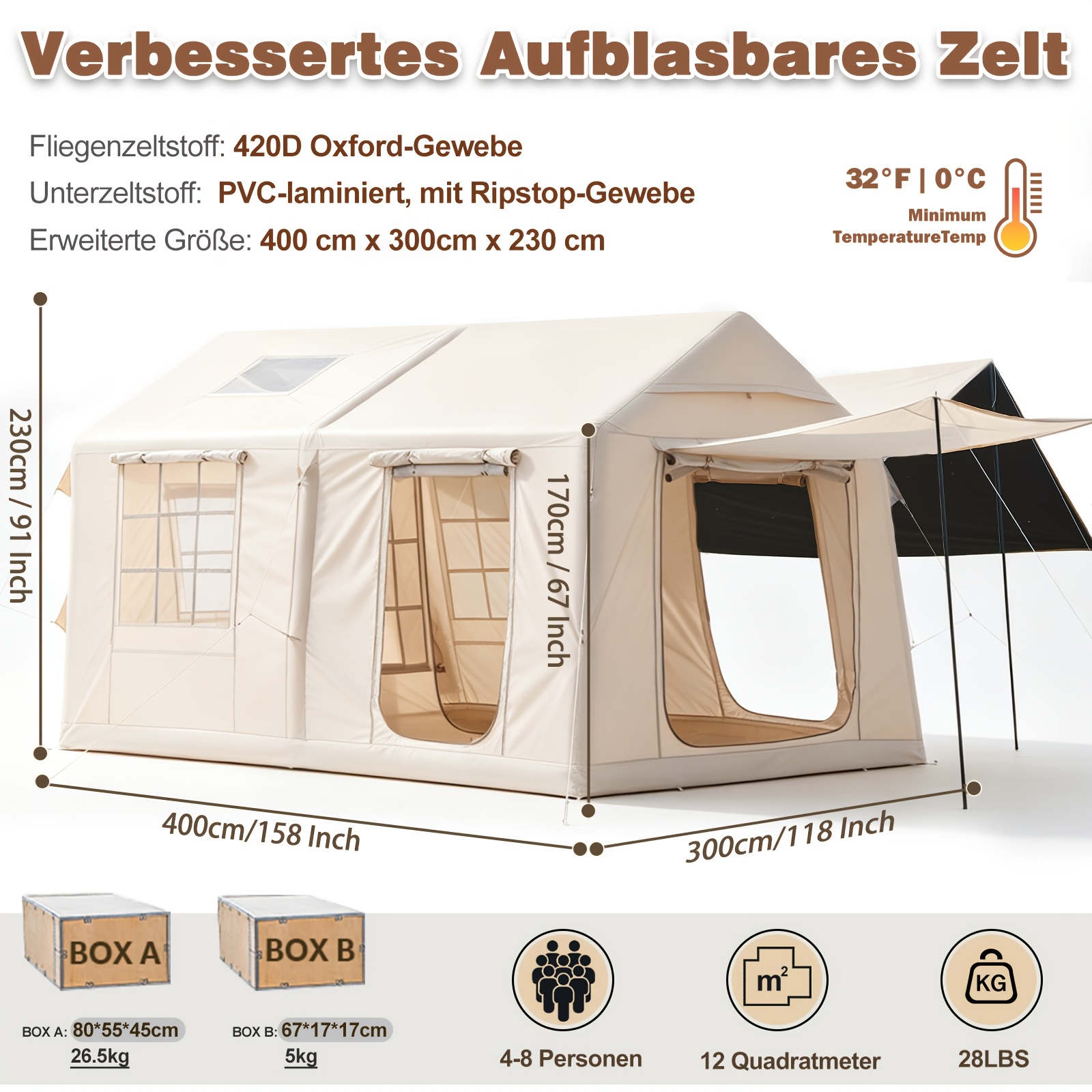 Inflatable Camping Tent With Fireplace Opening & Roof Window, Inflatable Tent For 2-10per With Air Pump, Air Tent