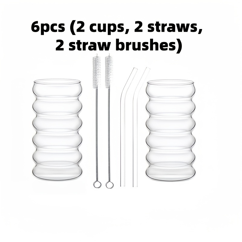 TEMU 6pcs Set: 2 Cups + 2 Straws + 2 Straw Brushes. High Borosilicate Glass For Caterpillar Coffee Cup, , Summer Milk Cup, Household Cold Drink Cup,