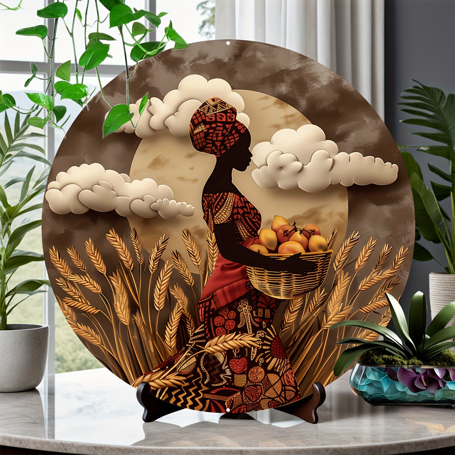 

African Tribal Woman Aluminum Wall Art - 8 Inch Round 2d Printed Poster Board With Vivid Colors And High Bend Resistance - Ideal Home Decor For Kitchen And Bedroom
