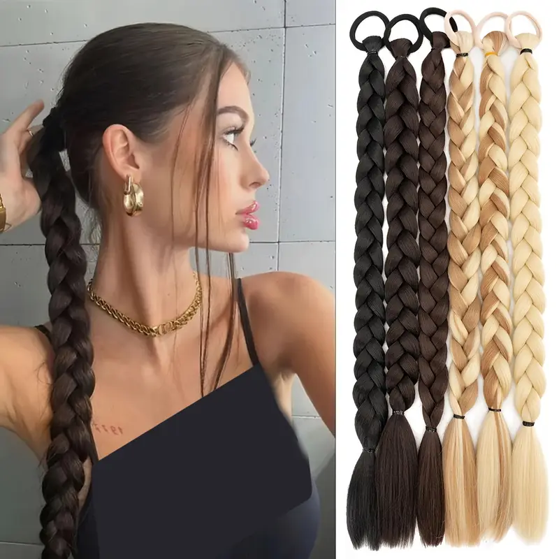 long braid ponytail extension with hair tie straight soft synthetic hair pieces hair extensions braid pony tail fluffy synthetic hairpieces for women daily wear 24 inch details 2