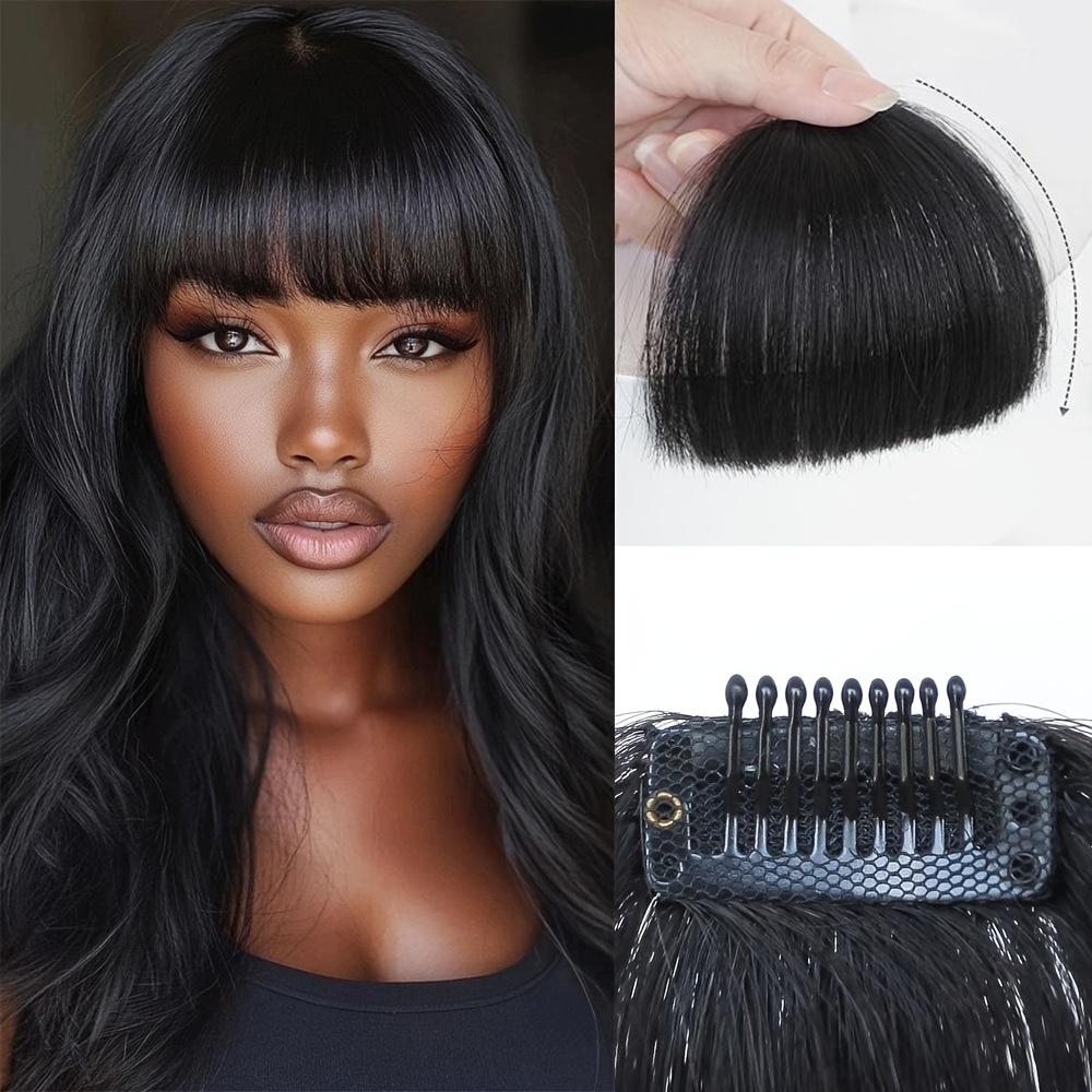 

Clip-in Human Hair Bangs Extension - Straight Black Hairpiece For Women, Elegant Style, , , Easy To Apply With Comb Attachment, Hairpiece | Stylish Hair Accessory | Attachment