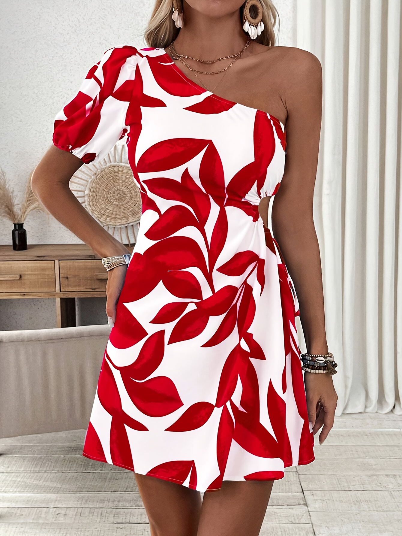 New Women'S Drawstring Holiday *-Shoulder Puff Sleeve Dress