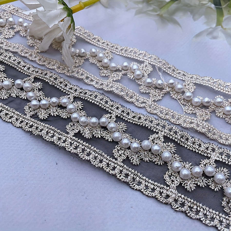 

1 Yard White Beaded Lace Trim, Organza Embroidered Pearl Edging For Diy Sewing And Knitting Crafts