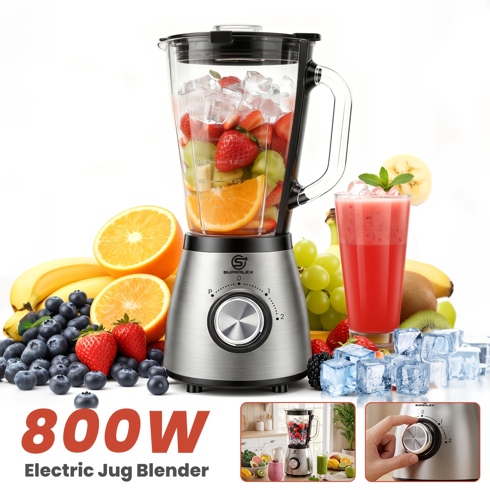 Image of Superlex 800w Powerful Household Blender, 1.5l Glass Jar, 2 Speed Settings & Ice Function, Double Safety Lock, Easy-to-clean Multifunctional Mixer Ideal For Smoothies & Fruit Vegetable Drinks