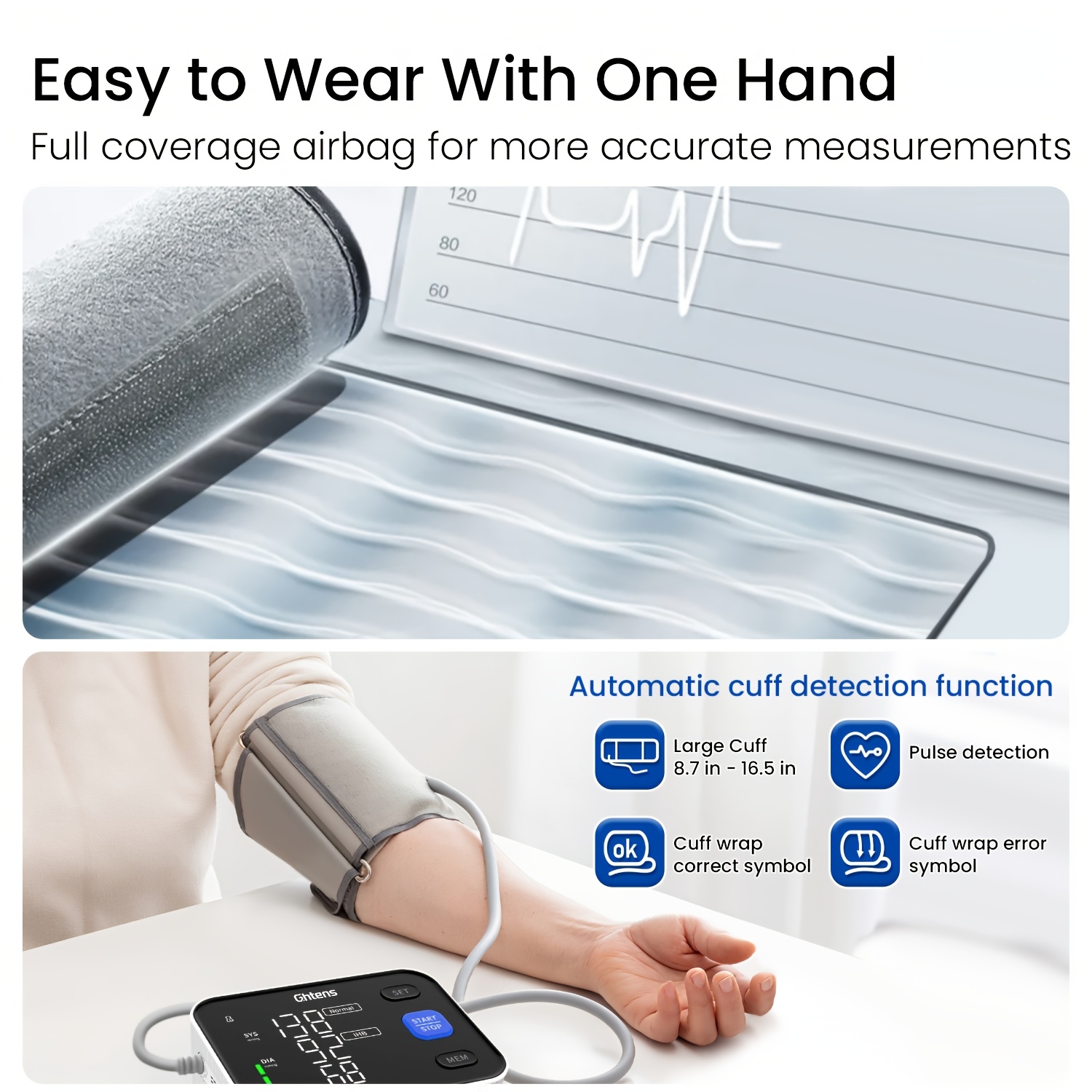 Accurate Digital Arm Blood Pressure Monitors with Large Cuff for Home Use, Irregular Heartbeat Diagnosis, Pulse Rate Meter, Cuff 22-40cm, 2X120 Memory, LCD Display; Used with Both Plug-in And Battery Power (batteries Not Included)