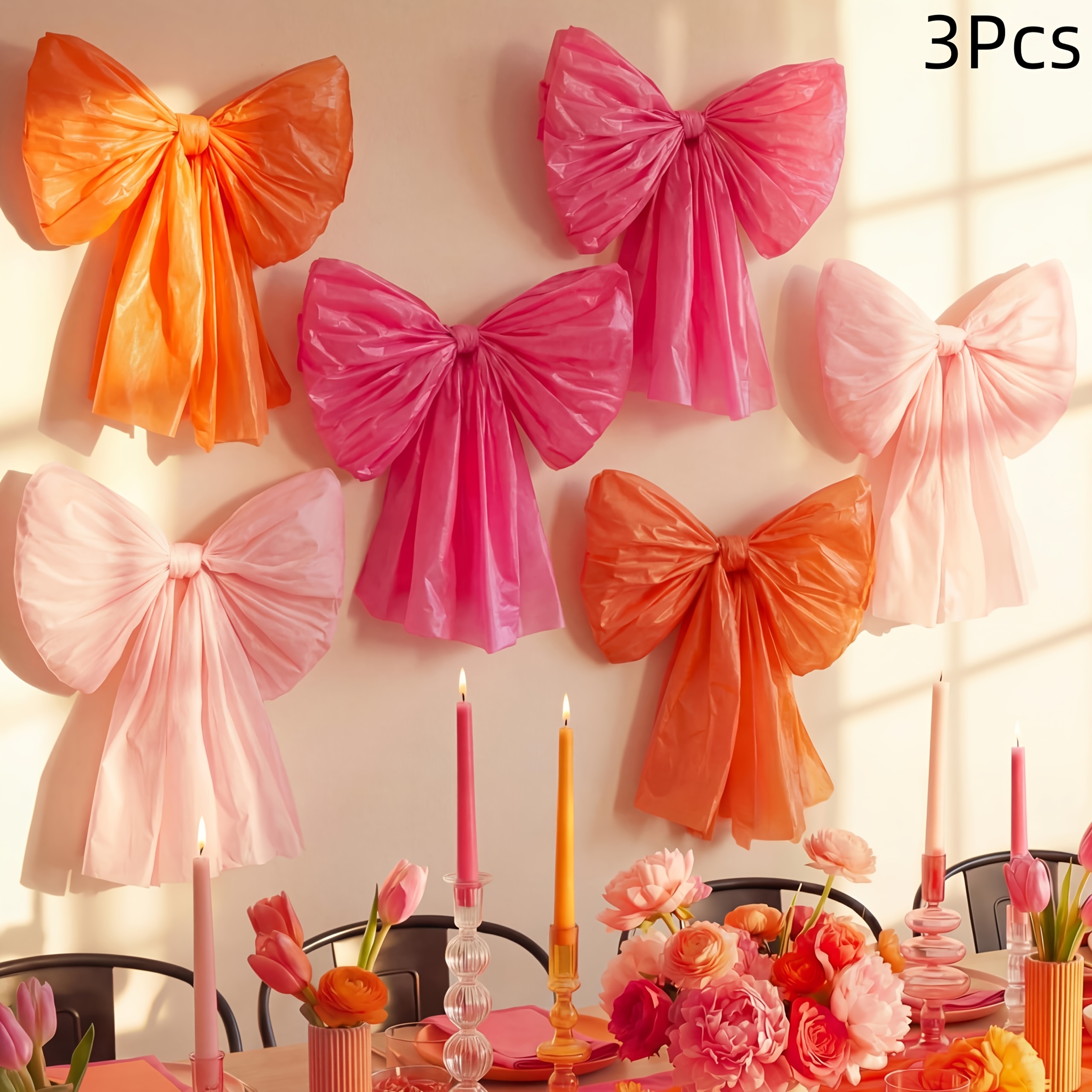Image of 3/6pcs Diy Large Wall Bows For Pink And Orange Party Decorations, Tequila Decorations, Giant Hanging Hot Bow For Chair Wall Stair Door For Wedding Birthday Backdrop Christmas, Halloween