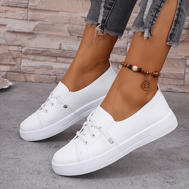 Image of Women Wide Toe White Pu Skate Shoes, Anti-slip Lace-up Casual Sneakers, Sole For Daily Wear
