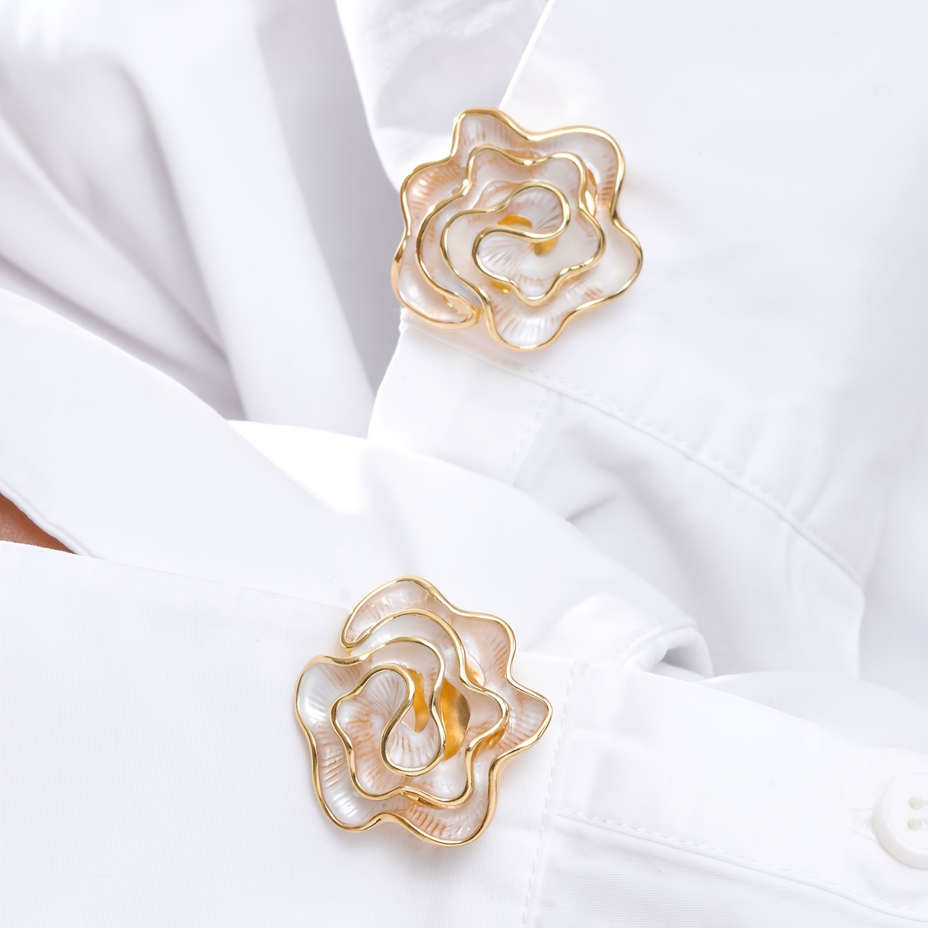 TEMU Cringcoco 1 Pair White Enamel Rose Cufflinks For Men, Golden Plated Hollow Floral Shirt Cuff Links, Elegant Formal Suit Additions Gift For