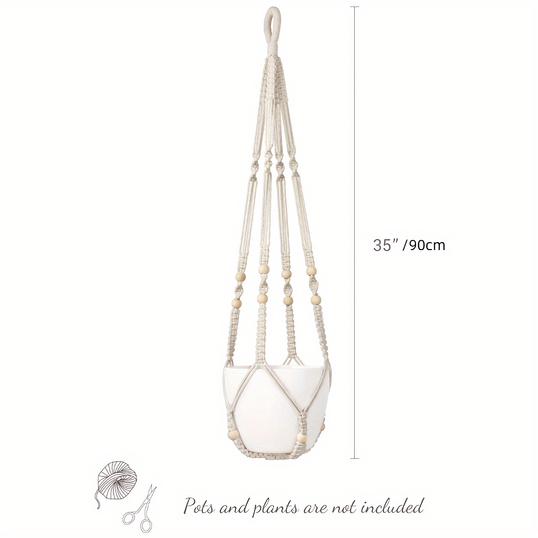 Chic 35" Macrame Plant Hanger With Wood Beads - Indoor/outdoor Decorative Stand, Handcrafted Cord Design