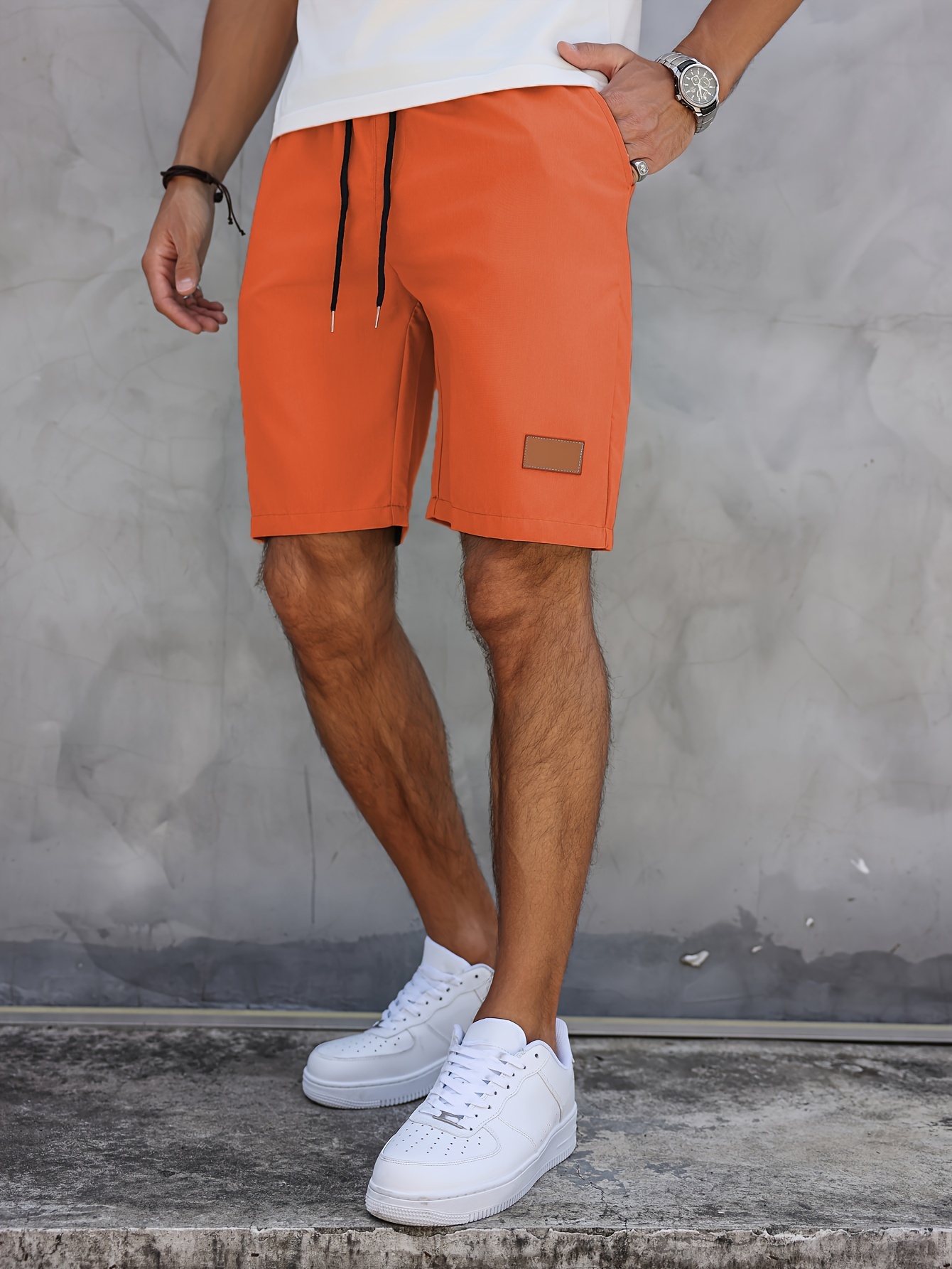 Men's Summer Fashion Solid Color Shorts Casual Style Elastic Waist Drawstring Knee-length Shorts Summer Daily