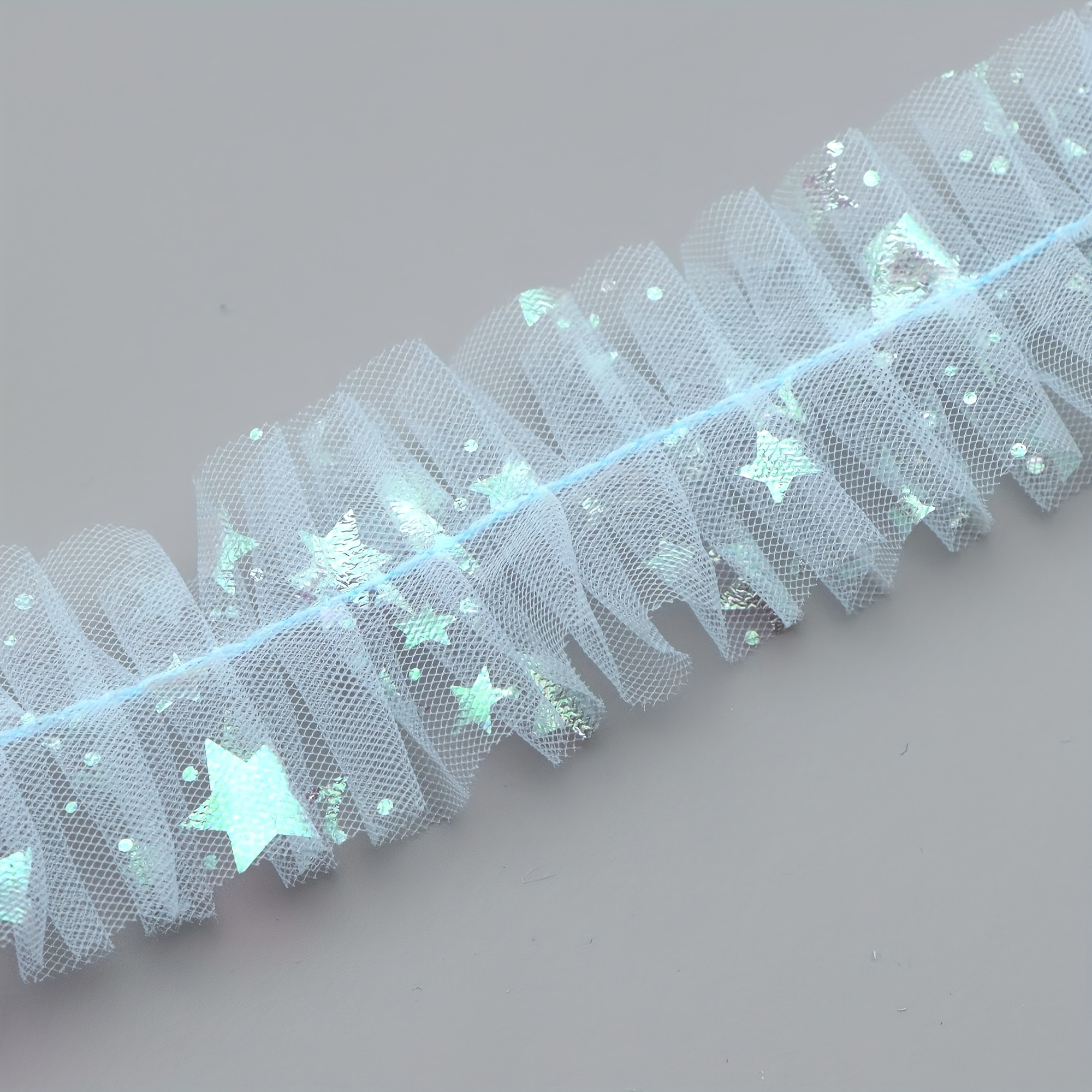 TEMU 2 Meter Rüschen Mesh Spitzenbesatz, 3,5 cm breit, elegantes plissiertes Stoff-Tüllband mit Laserstern | Basteln, - und Hutdeko, Nähzubehör,