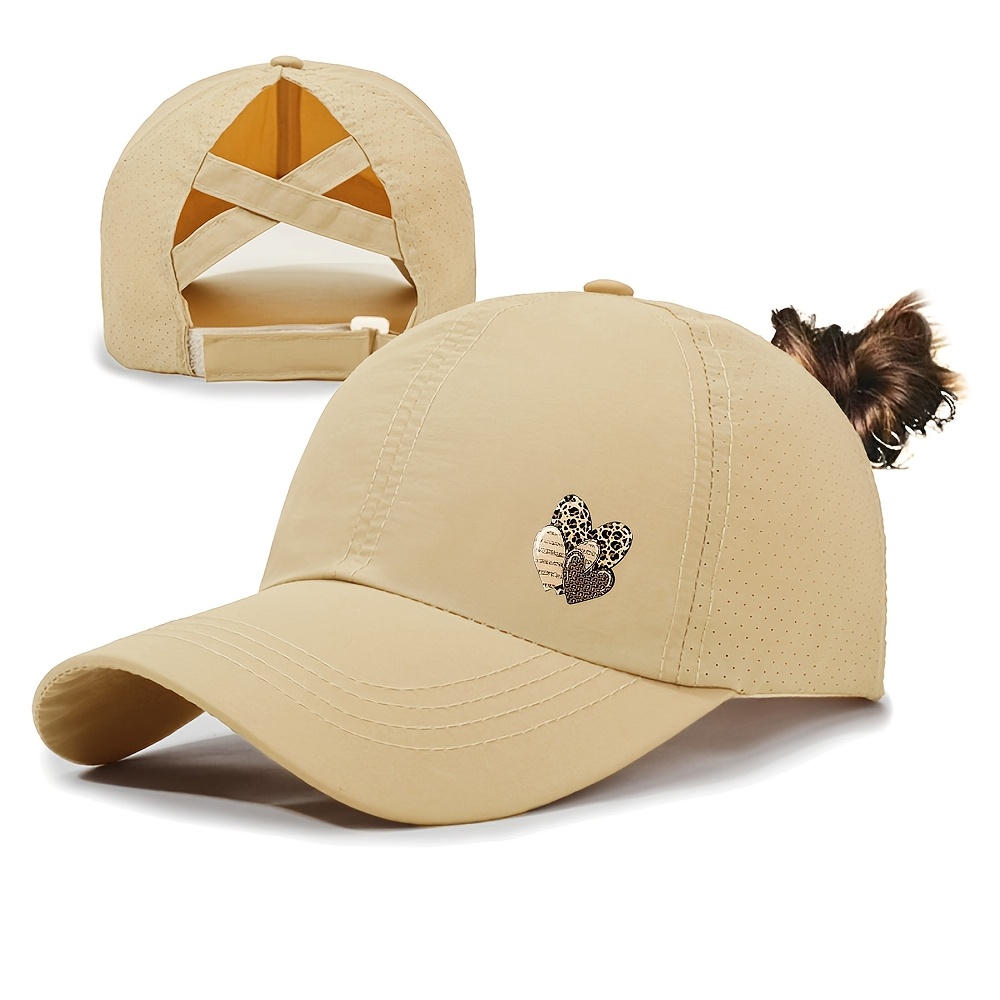 Image of Summer New Cross Mesh Ponytail Baseball Cap For Women, Lightweight, Casual, Quick Drying, Breathable Sun Hat With Heart Print