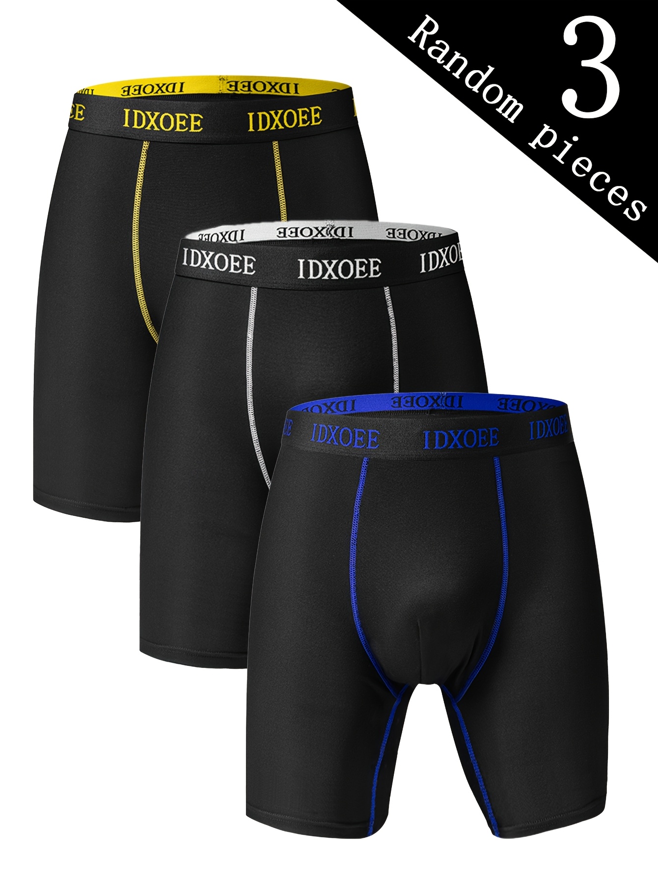 3pcs iDXOEE Men's Skinny Fit Shapewear Boxer Briefs - Breathable & Stretchy with Elastic Waistband, Quick-Drying, Lightweight, Moisture-Wicking - Ideal for Workouts & Casual Wear in Black, Golden, and Blue Accents