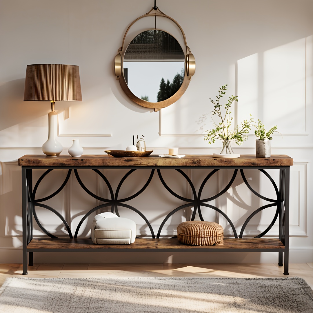 TEMU Table de canapé étroite industrielle de 70,9 pouces - Table de console en bois brun rustique pour le canapé, et avec étagère de rangement, table