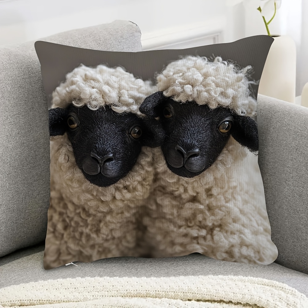 

1pc Vintage Style Valais Sheep Friends Pillowcase, 18x18inch, Double-sided Print, Short Plush, Machine Washable, Zipper Closure, Polyester, For Porch, , Sofa, Living Room, Outdoor - No Insert