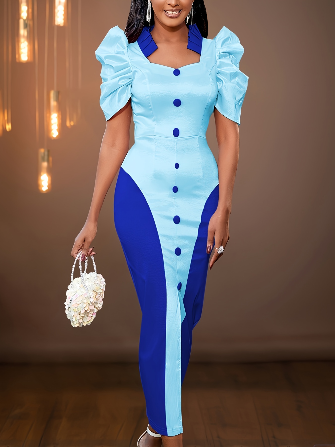 Women's Elegant * Short Sleeve Party Dress with * Collar & High Slit -  Bodycon X-Silhouette, Color-* Faux Buttons, Machine Washable *-Length for  Spring/Summer Evening Events, Dresses for Party, Formal ...