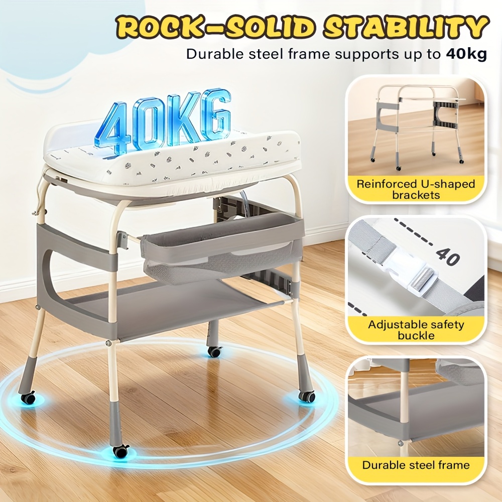 Foldable Baby Bathtub with Changing Table & Storage Shelf - Heavy-Duty Portable Bath Tub with Locking Wheels, Adjustable Height, Safety Harness & Diaper Changing Station, Space-Saving Design for Home, Travel, Nursery - Easy Assembly - Image 11