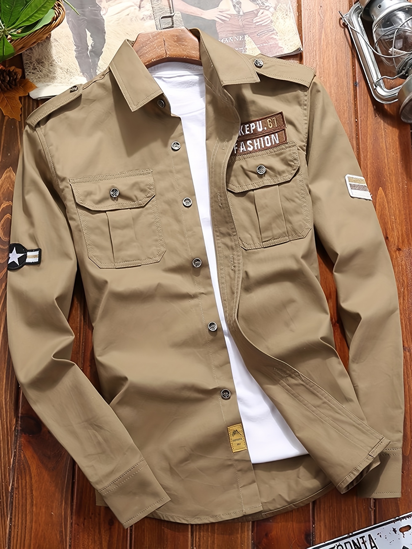 Chaqueta de carga verde oliva para hombre - Casual de manga larga con botones y múltiples bolsillos, cómoda y elegante para atuendos informales, trabajo o escuela, ropa exterior versátil para todas las estaciones, chaqueta de trabajo | Bolsillos funcionales | Tejido duradero