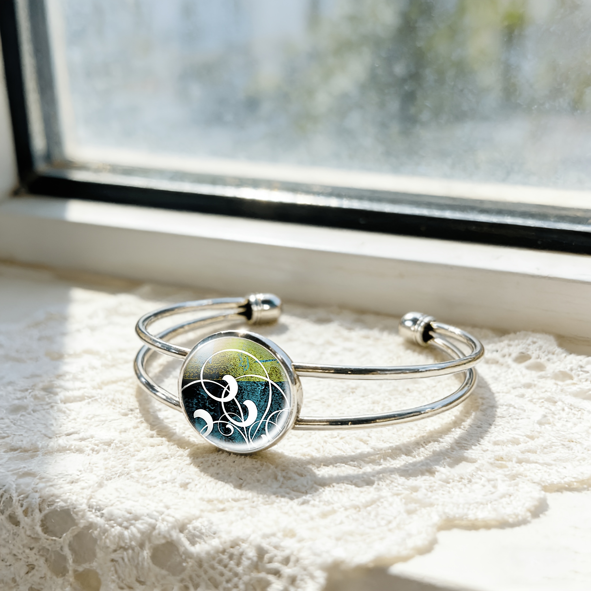 Adjustable Open Bangle with Abstract White Lines Design