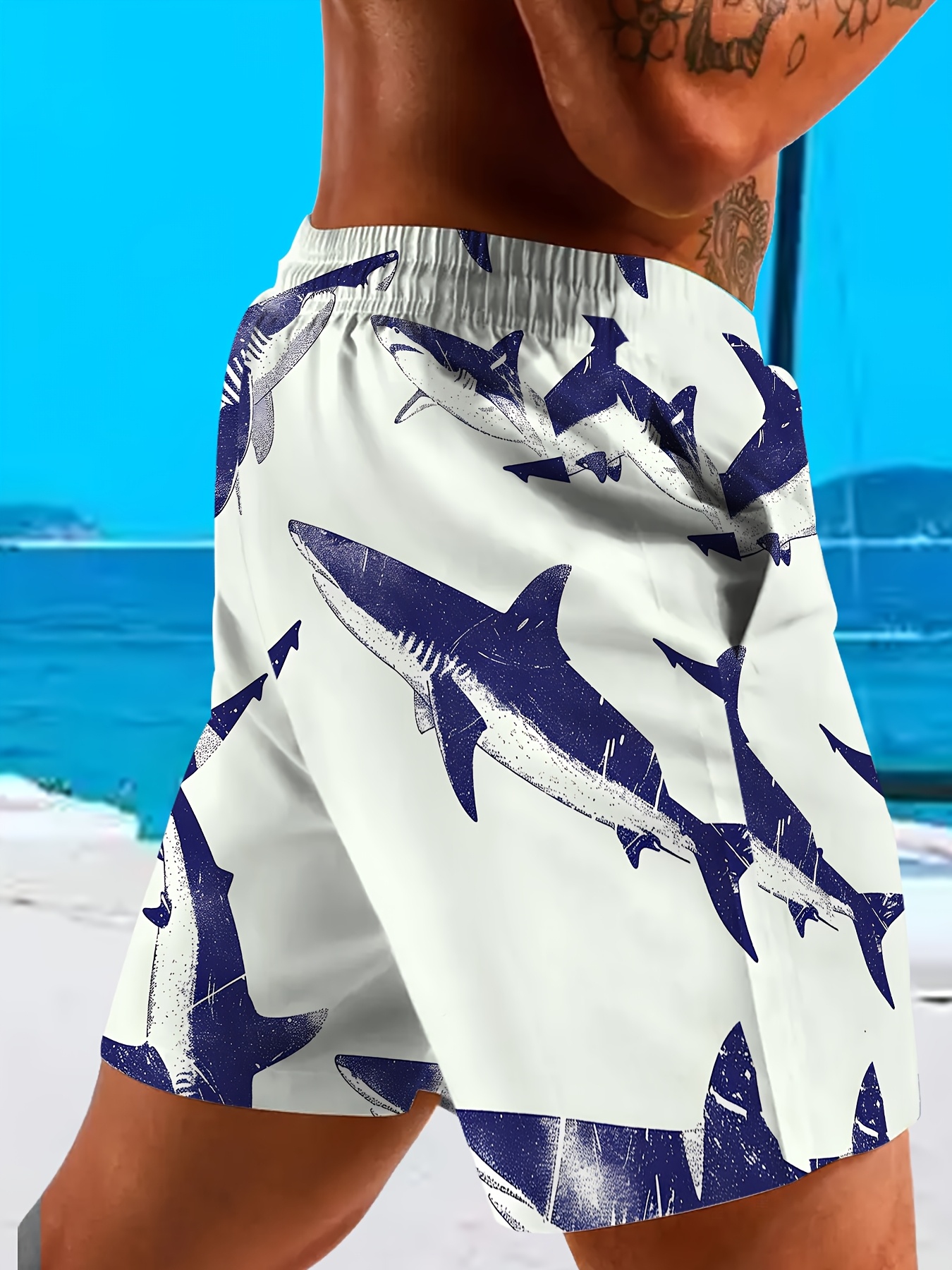 *'s 2-in-1 Shark Print Swim Shorts with Zipper Pocket Drawstring Waist  *-like Beachwear, Surf Snorkeling Shorts Pattern on