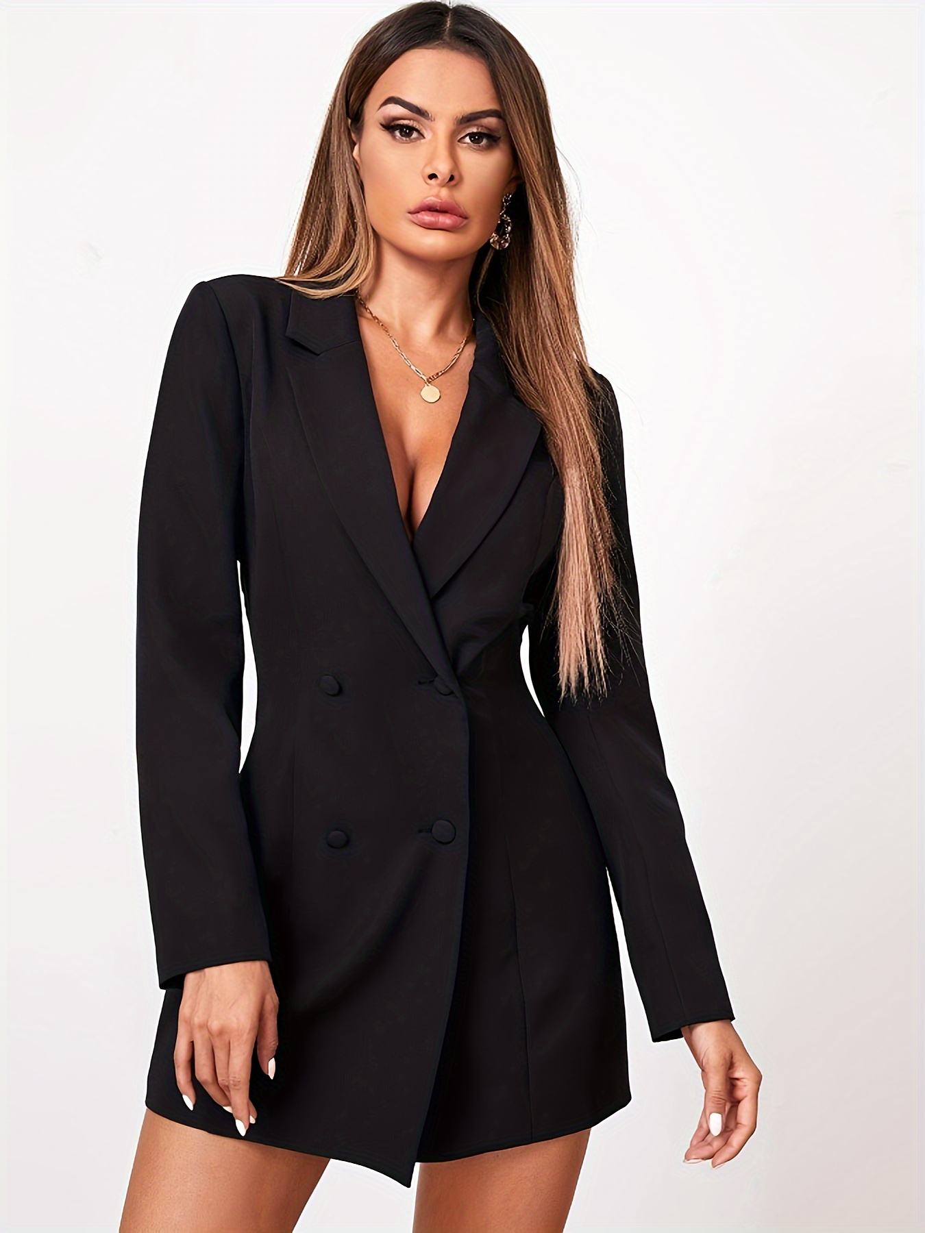 solid color open front blazer elegant lapel neck double breasted long sleeve blazer for spring fall womens clothing