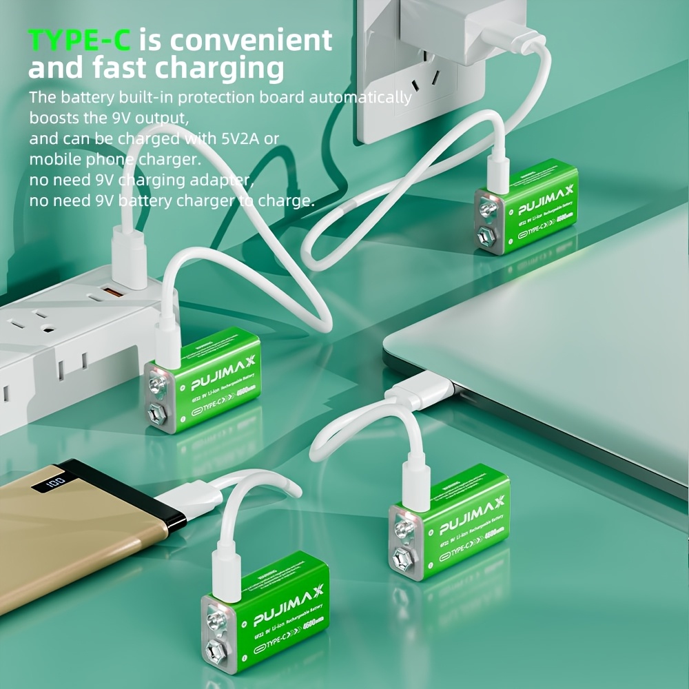 литиевая батарея   9v - высокая емкость 4600mwh, быстрая зарядка usb-c, срок службы 1200 циклов, поставляется с кабелем type-c - подходит для дымовых датчиков, бытовой  , солнечных   Детали 0