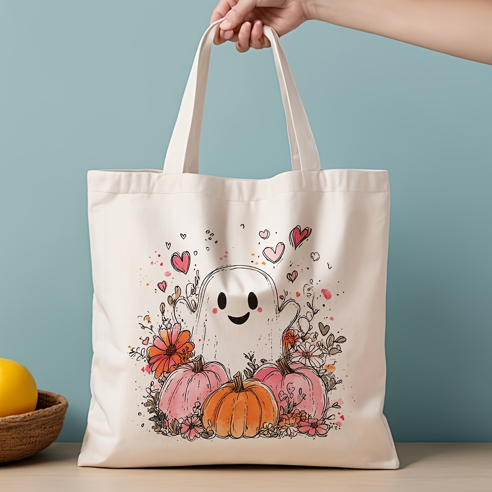 TEMU 1pc Pastel Suitable For Spooky Season Tote Bag - Adorable With Pumpkins & Hearts Print Reusable Grocery Bag, Shoulder Bag For &, Aesthetic For