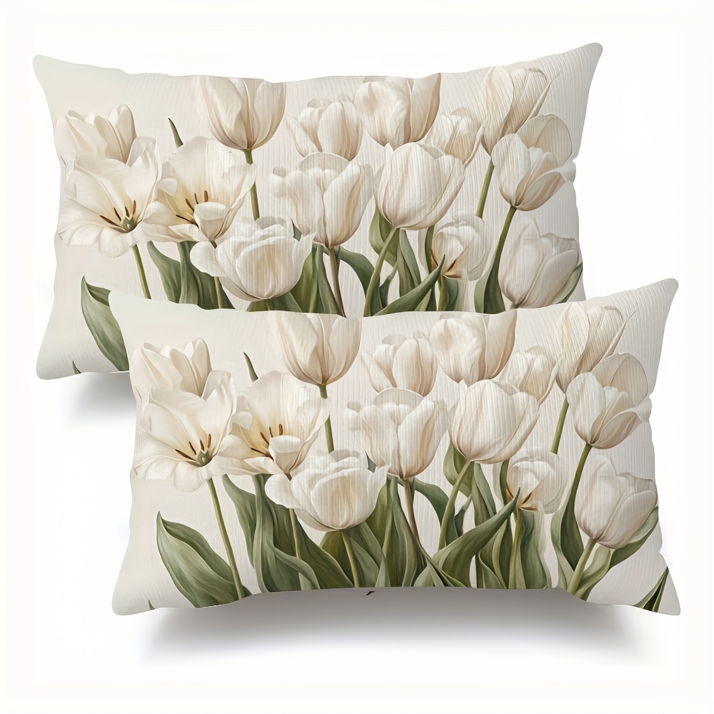 TEMU 2 housses de coussin ultra-douces en peluche courte - Design vintage de tulipes blanches en fleurs, impression , 12x20 pouces, fermeture éclair,