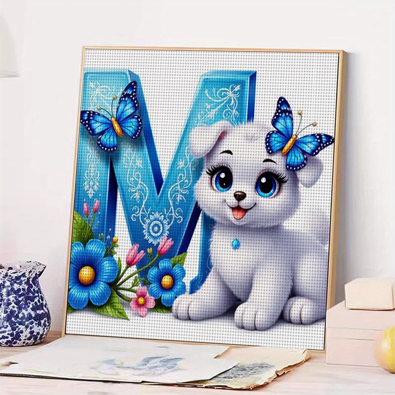 Printed DIY Cross Stitch Kit, Frameless, White Puppy with Butterflies Pattern