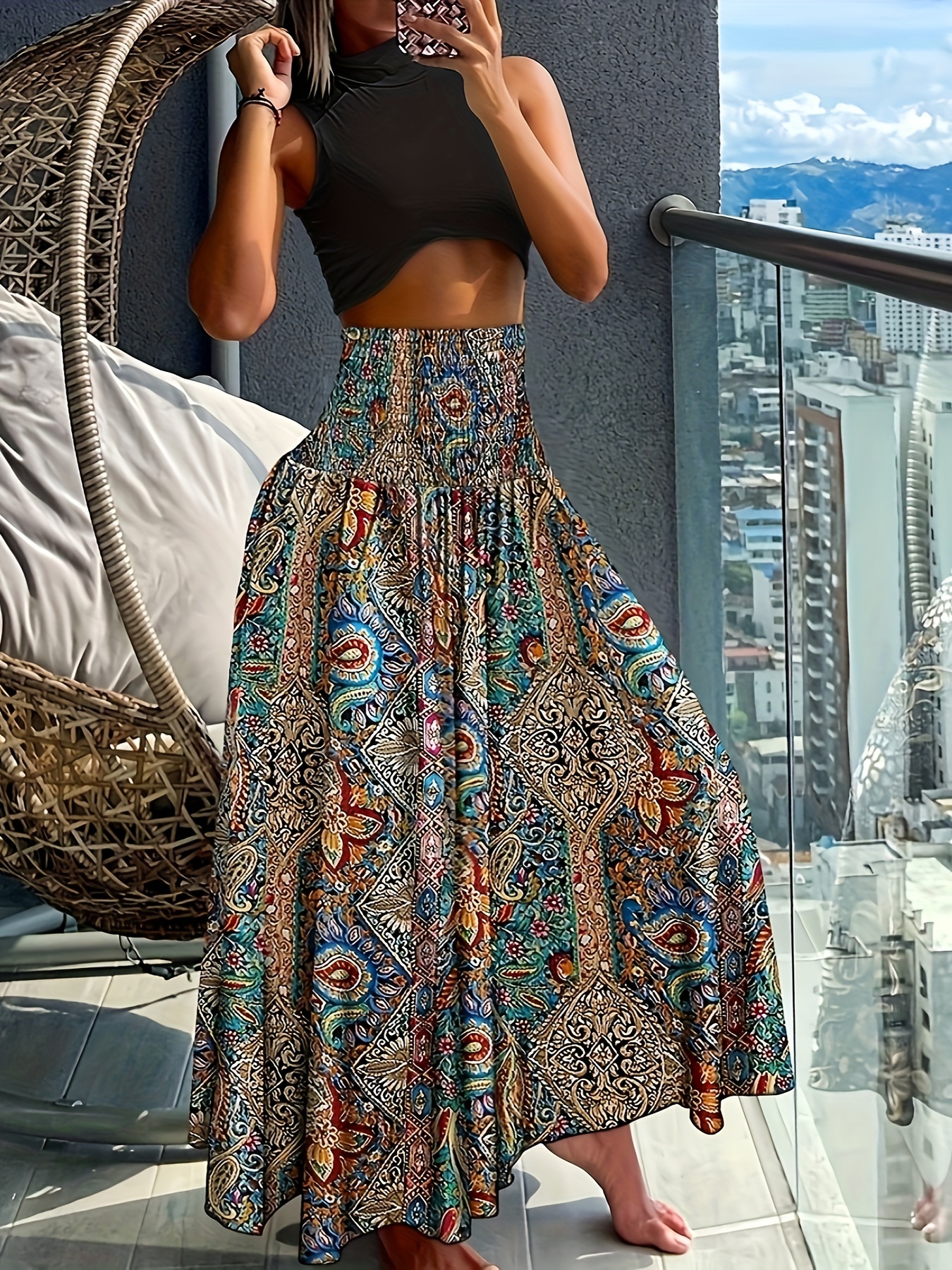 paisley print shirred waist skirt boho high waist a line - Temu