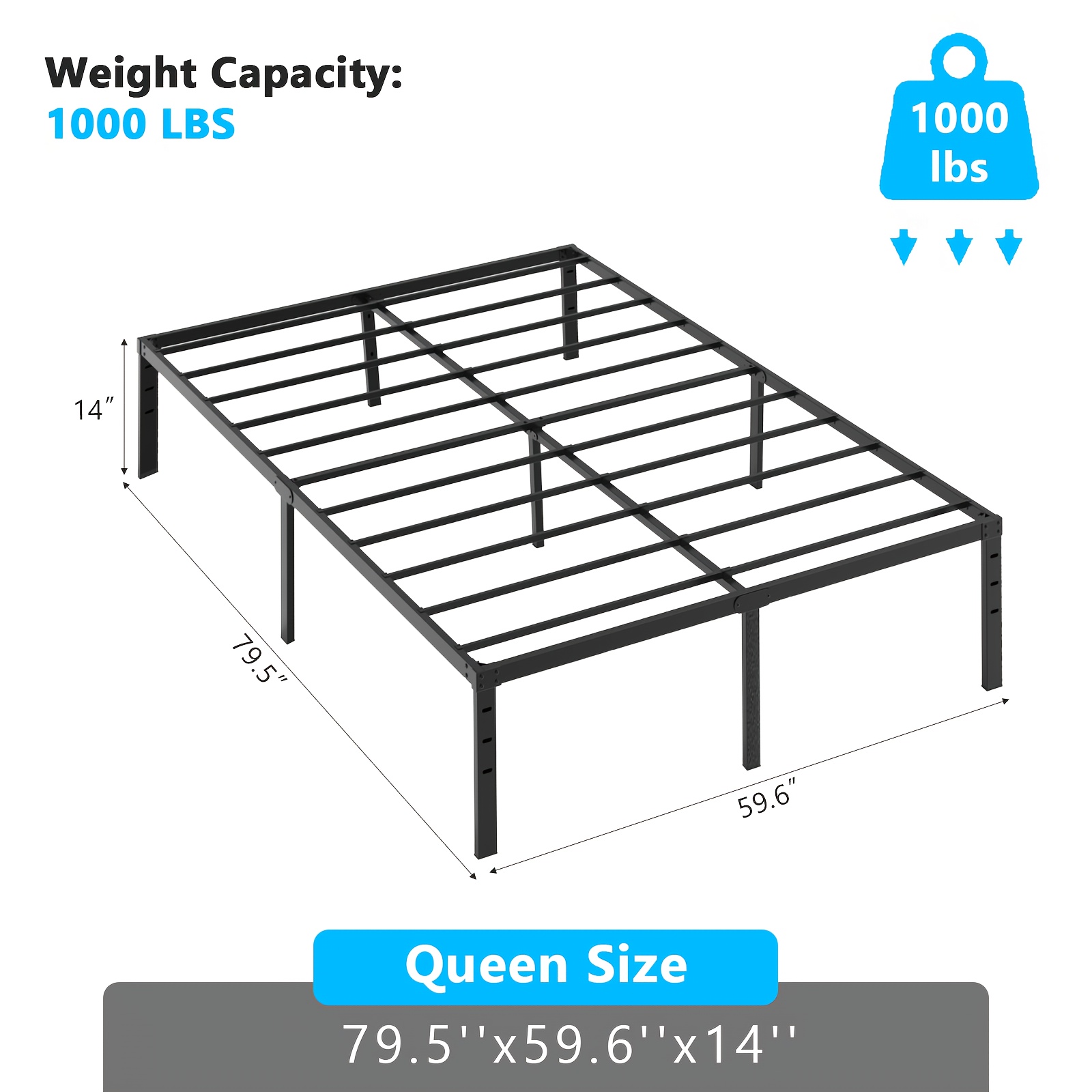 TEMU Bonnlo Queen Bed , Heavy Duty Metal Platform Support, Steel Bed Foundation, Spring Needed, Mattress Not Included