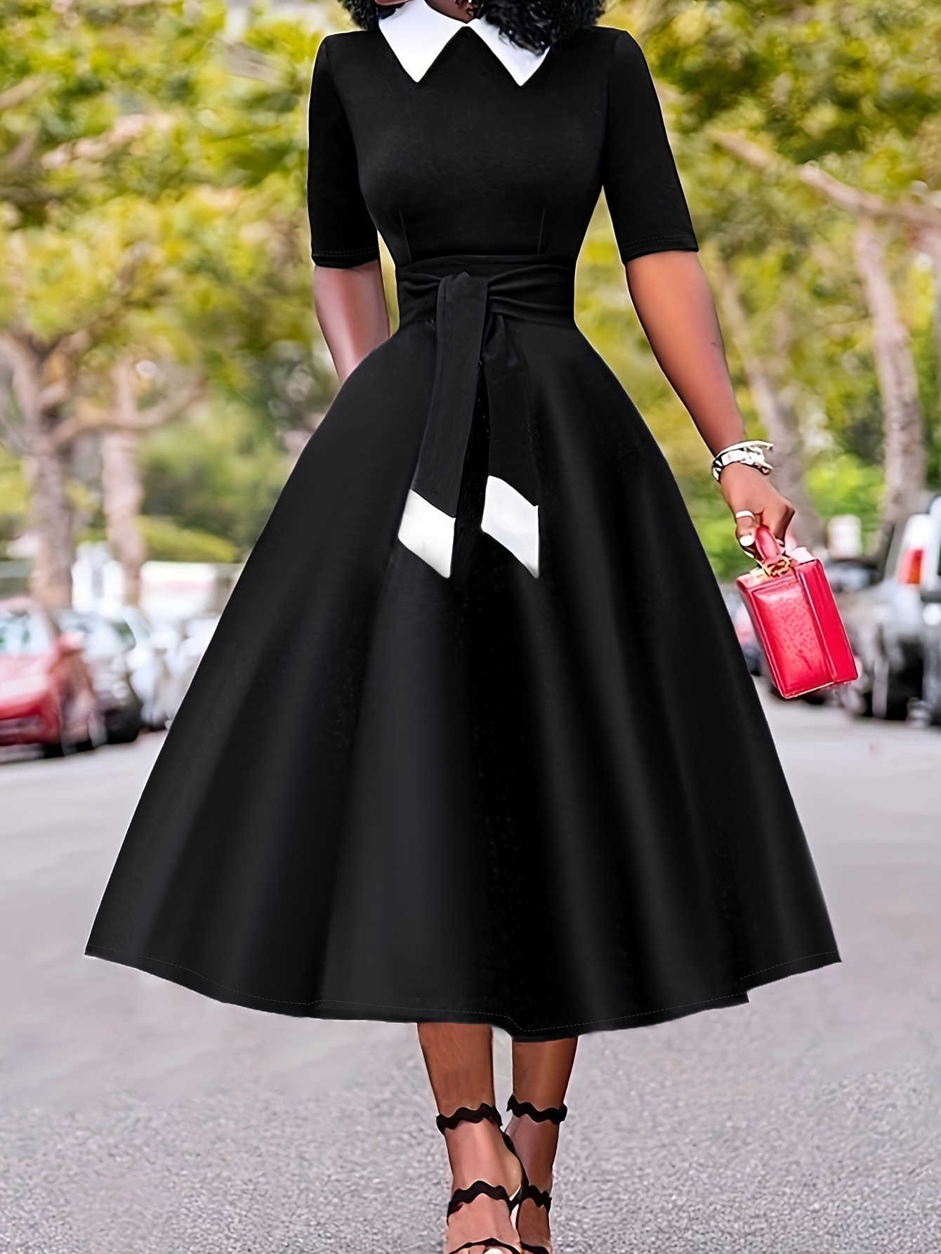 women's elegant a line midi dress adjustable waist belt - Temu