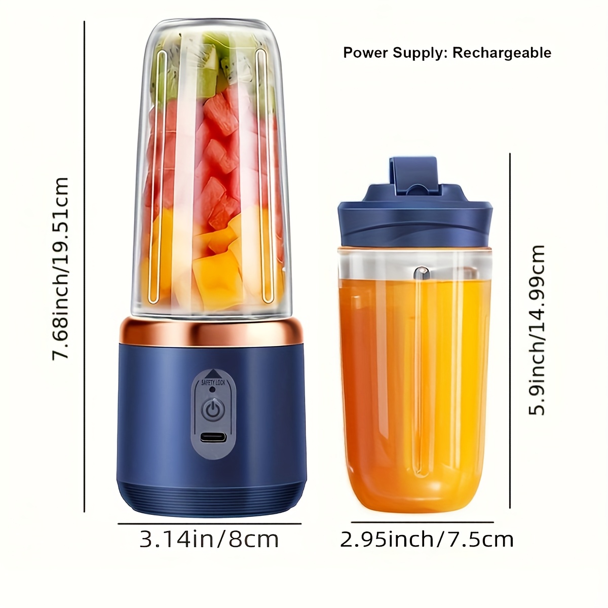 13 53oz portable electric juicer blender wireless rechargeable   mixer with   dual cup suitable for smoothies vegetables and fruits button control usb c charging food grade abs material non heating 1500mah battery Product details 1