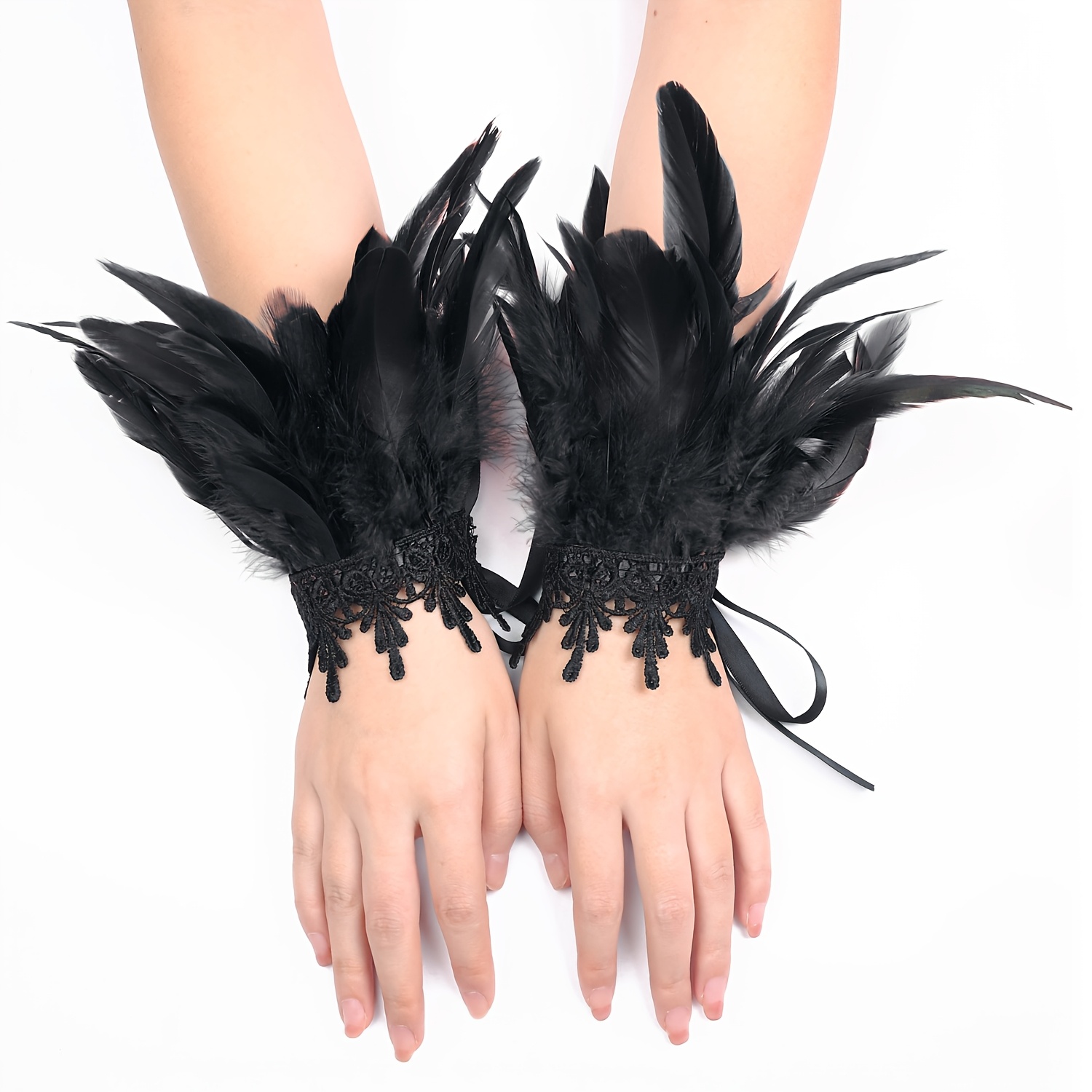 TEMU 2pcs Red Elegant Artificial Feather Lace Wristband Wedding Photography Wrist Decoration Accessory Punk Gothic Carnival Halloween Party Fashion
