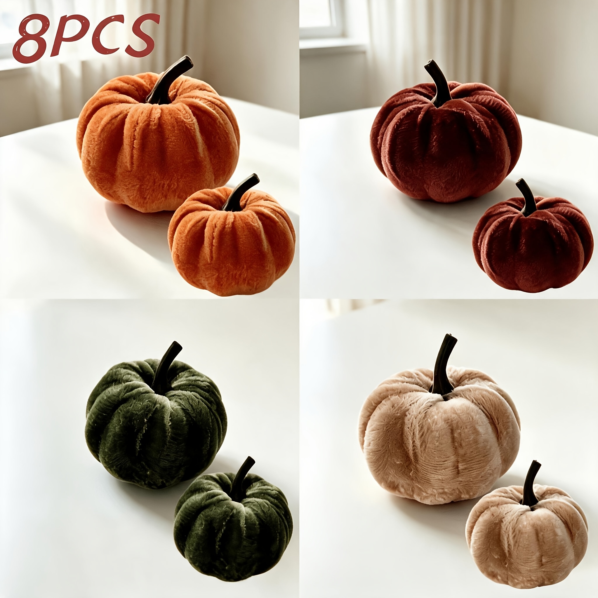 TEMU 8pcs Thanksgiving Artificial Pumpkin Set, Including 3.27-inch And 2.05-inch Sizes, With Artificial Pumpkins In Orange, Brown, Green, And Beige.