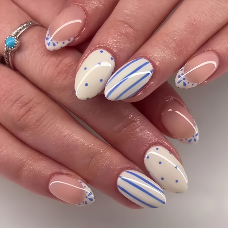 TEMU Set Of 24 Short Oval-shaped Fake Nails • French Style • Glossy Cream Base With Blue Polka Dot And Stripe Pattern • With Jelly Glue And Strips •