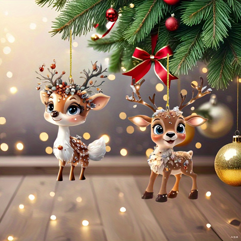 

2pcs/set Cute Plum Deer Ornament Christmas Tree Decoration Pendant Acrylic Flat Christmas Gift Decoration Pendant Halloween Decoration Backpack Hanging Ornament