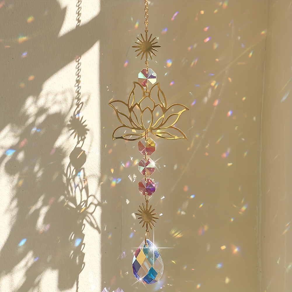 

1pc Lotus Flower Suncatcher, Crystal Glass Sun Catcher With Prism Beads & Celestial Accents For Window Decor