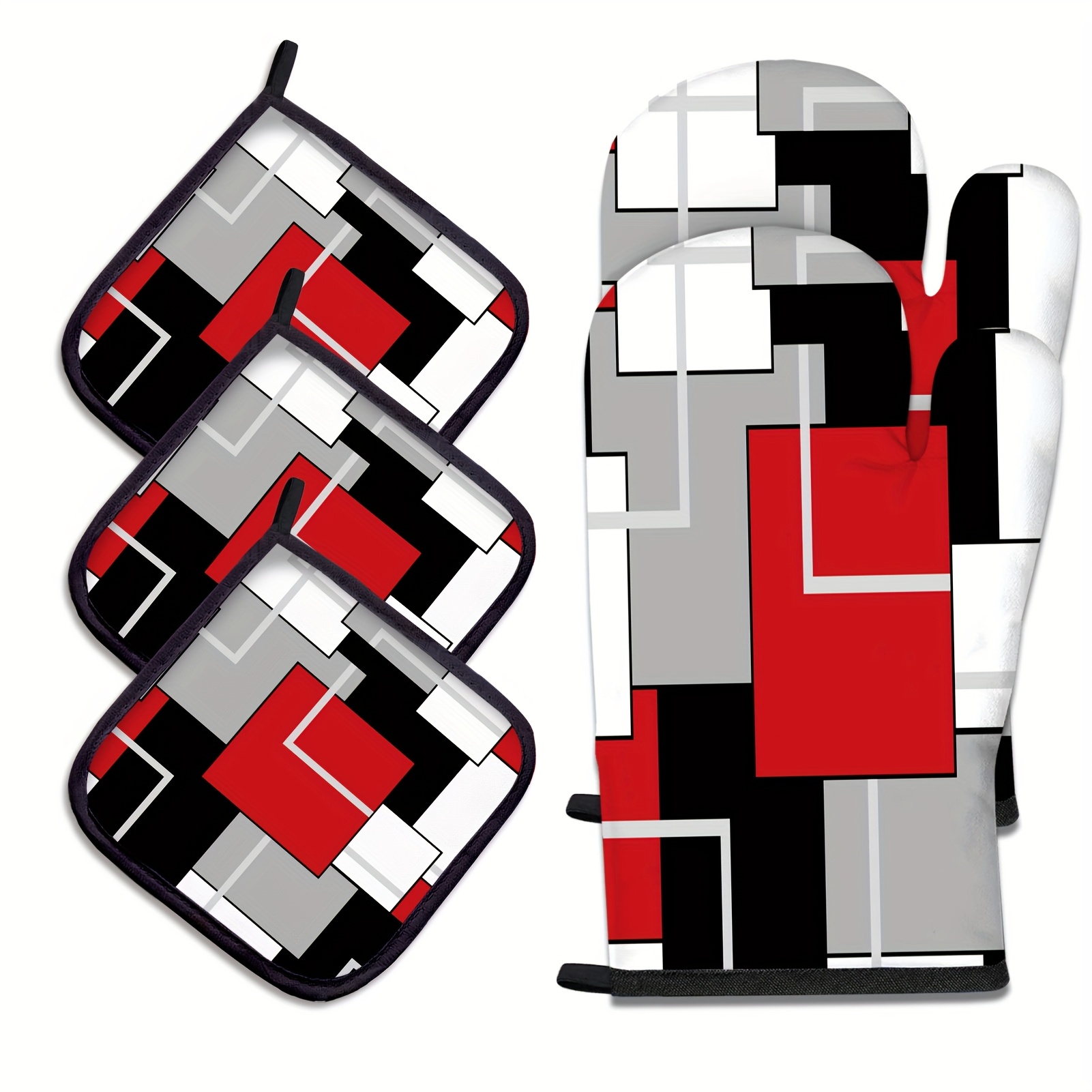 TEMU Of 5 Mitts And Pot Holders, Featuring Geometric Black Gloves And Hot Pads For Cooking, Combining Functionality With A Modern Abstract Art Design