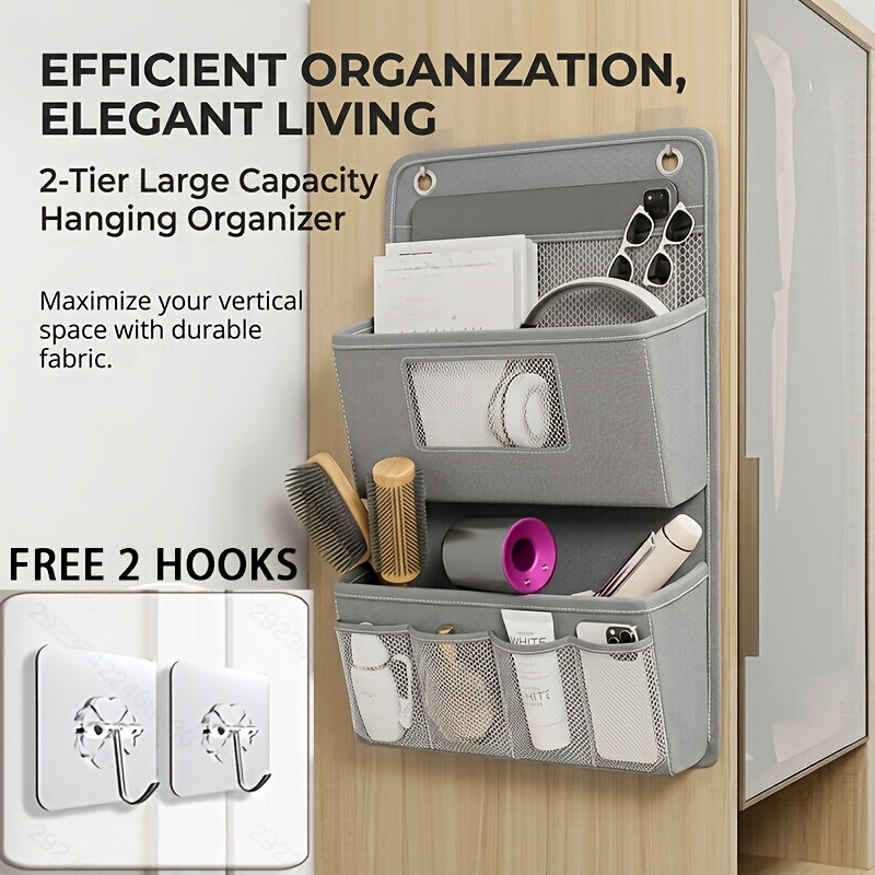 TEMU 1 organizador de almacenamiento versátil de pared - Bolsa colgante de tela con múltiples compartimentos, ventana de visualización y ganchos para